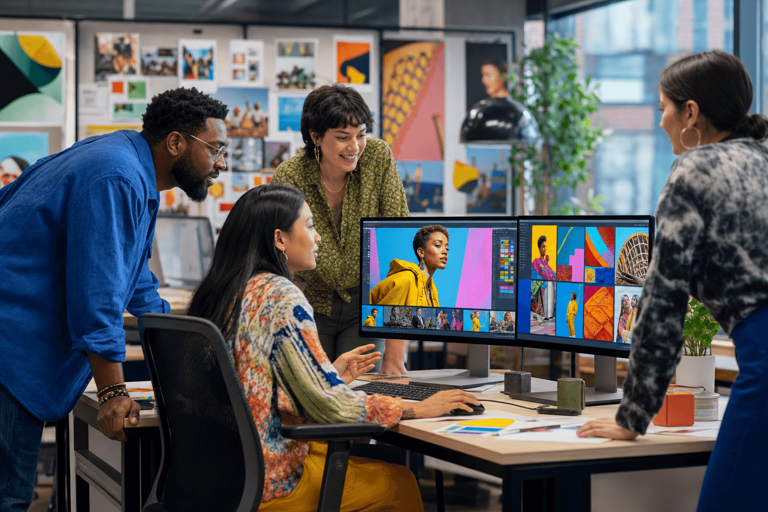 Advertising team reviewing brand audio campaign in a bright studio.