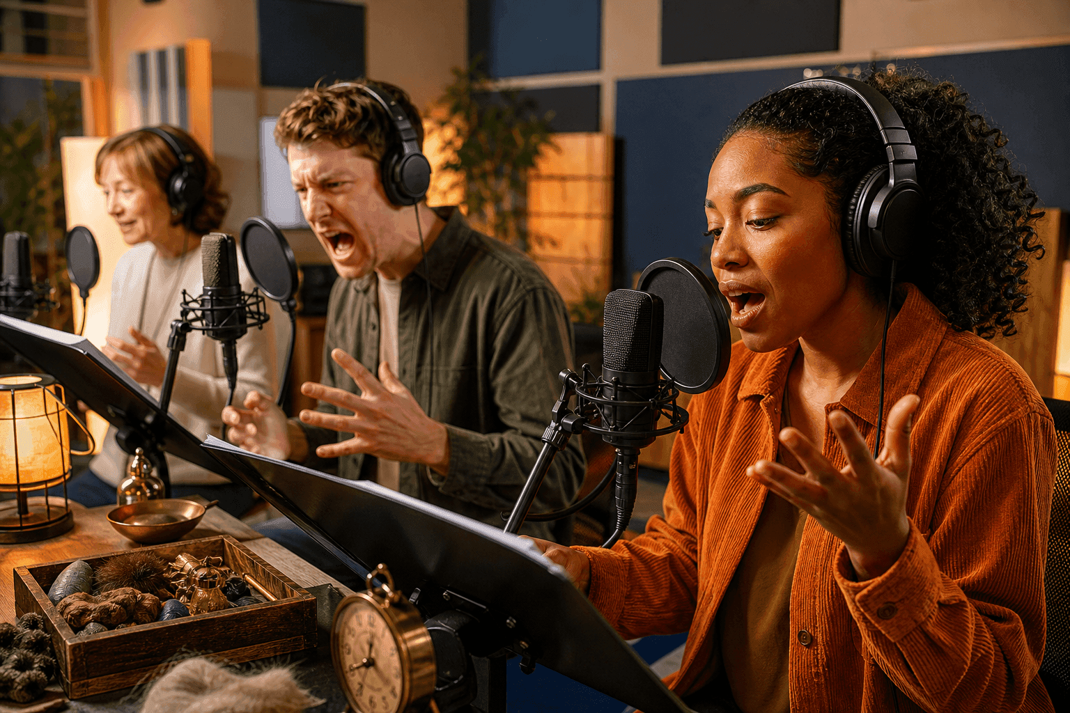 Radio drama and audiobook studio with actors at microphones.