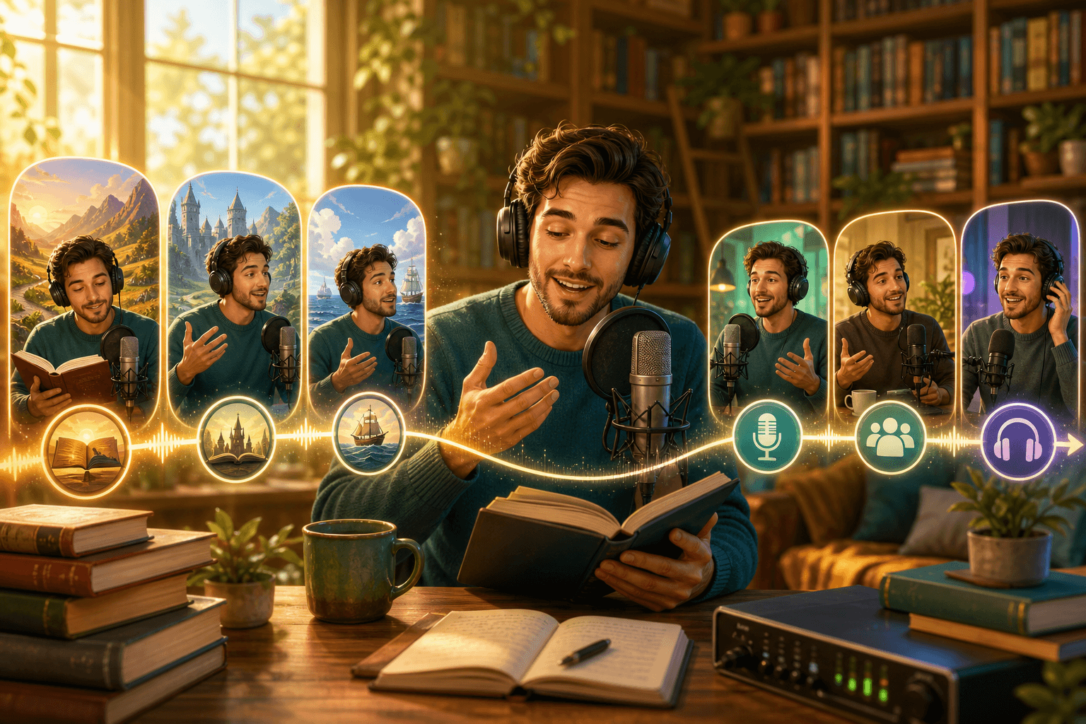 Illustration of consistent voice across long-form audiobooks and podcasts.