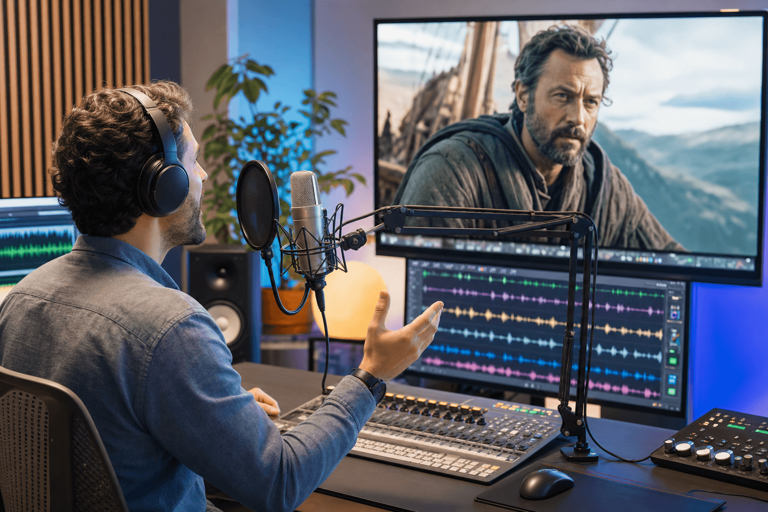Video dubbing studio with creator matching voice to film scene.