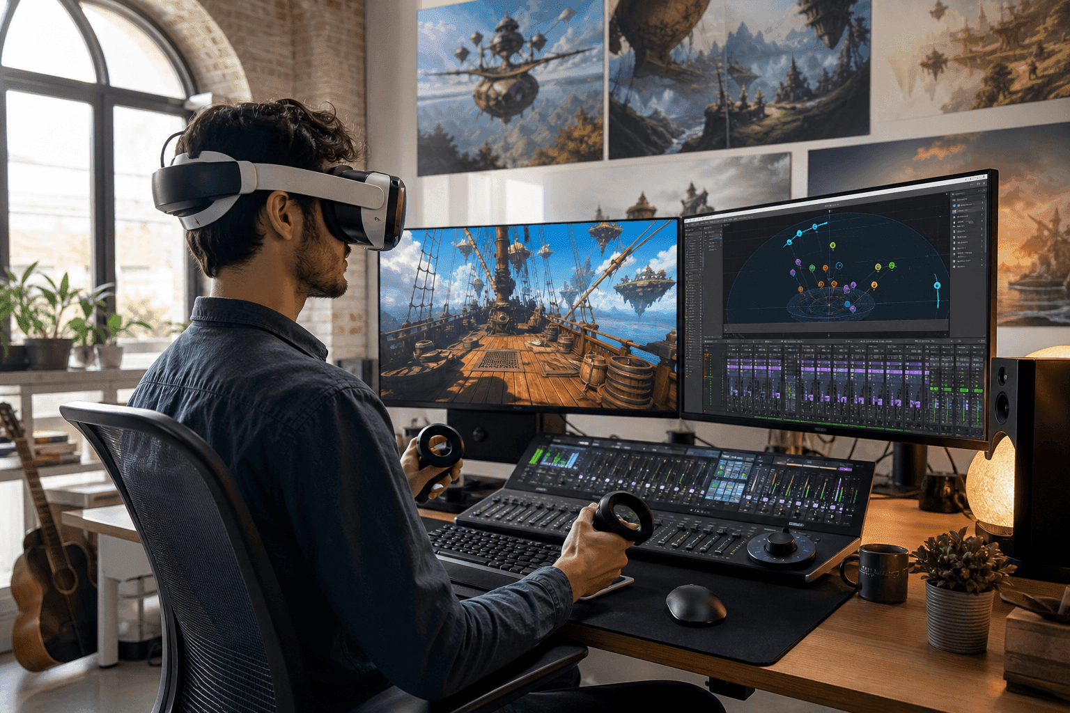 Game developer designing immersive spatial audio in a VR studio.