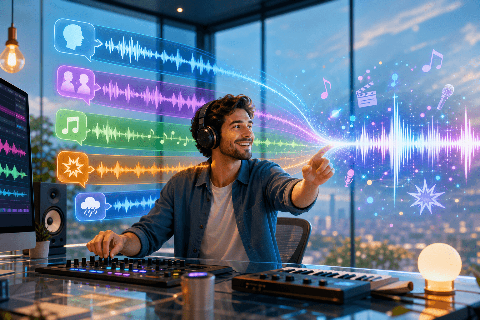 Illustration of multi-track audio mixing in one prompt.