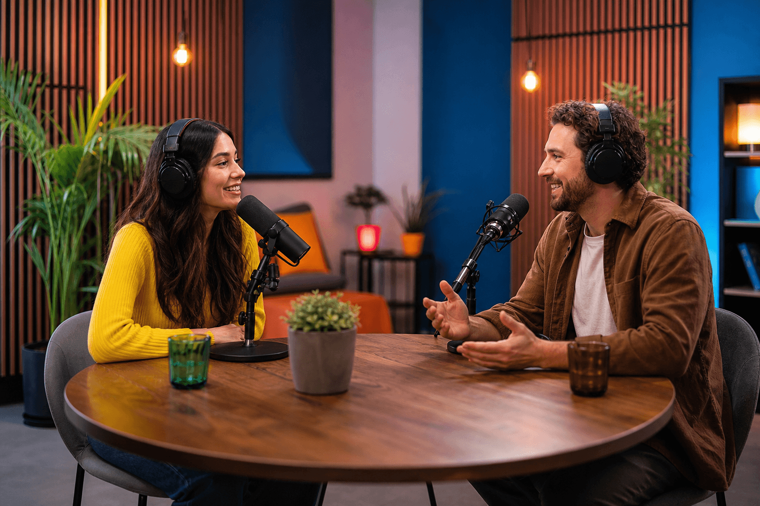 Dual-host podcast studio with microphones and warm lighting.