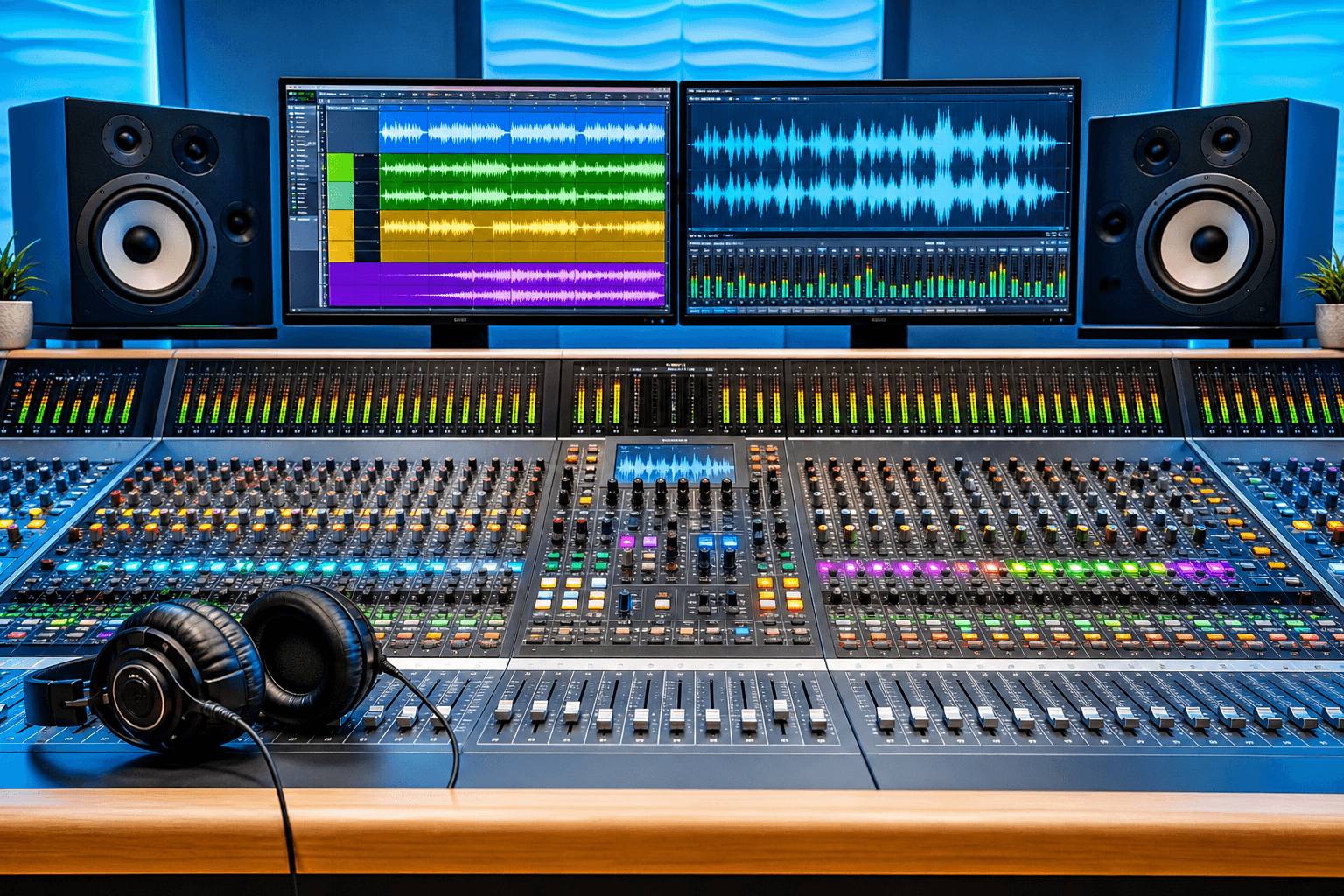 Studio mixing console showing all-in-one multi-track audio production.