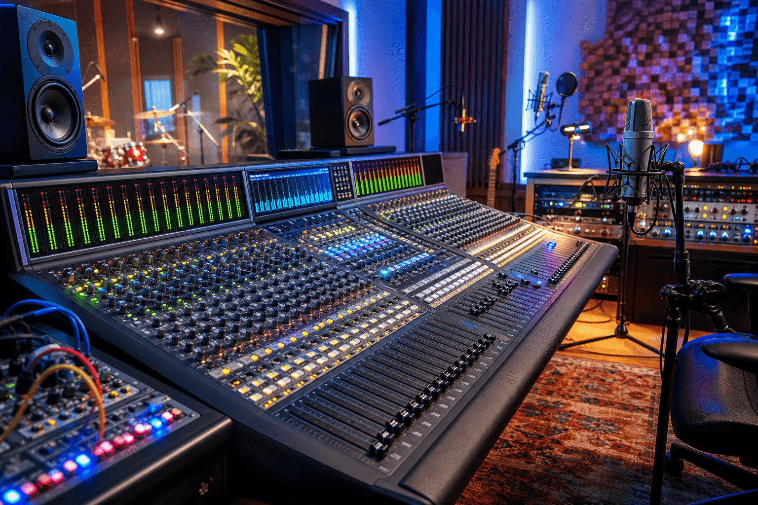 Professional audio studio with mixing console and studio equipment.
