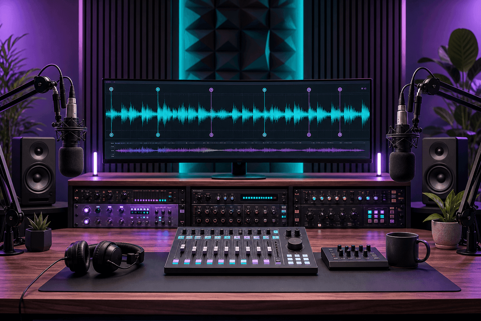 Podcast and audiobook studio setup representing long-form voice consistency.