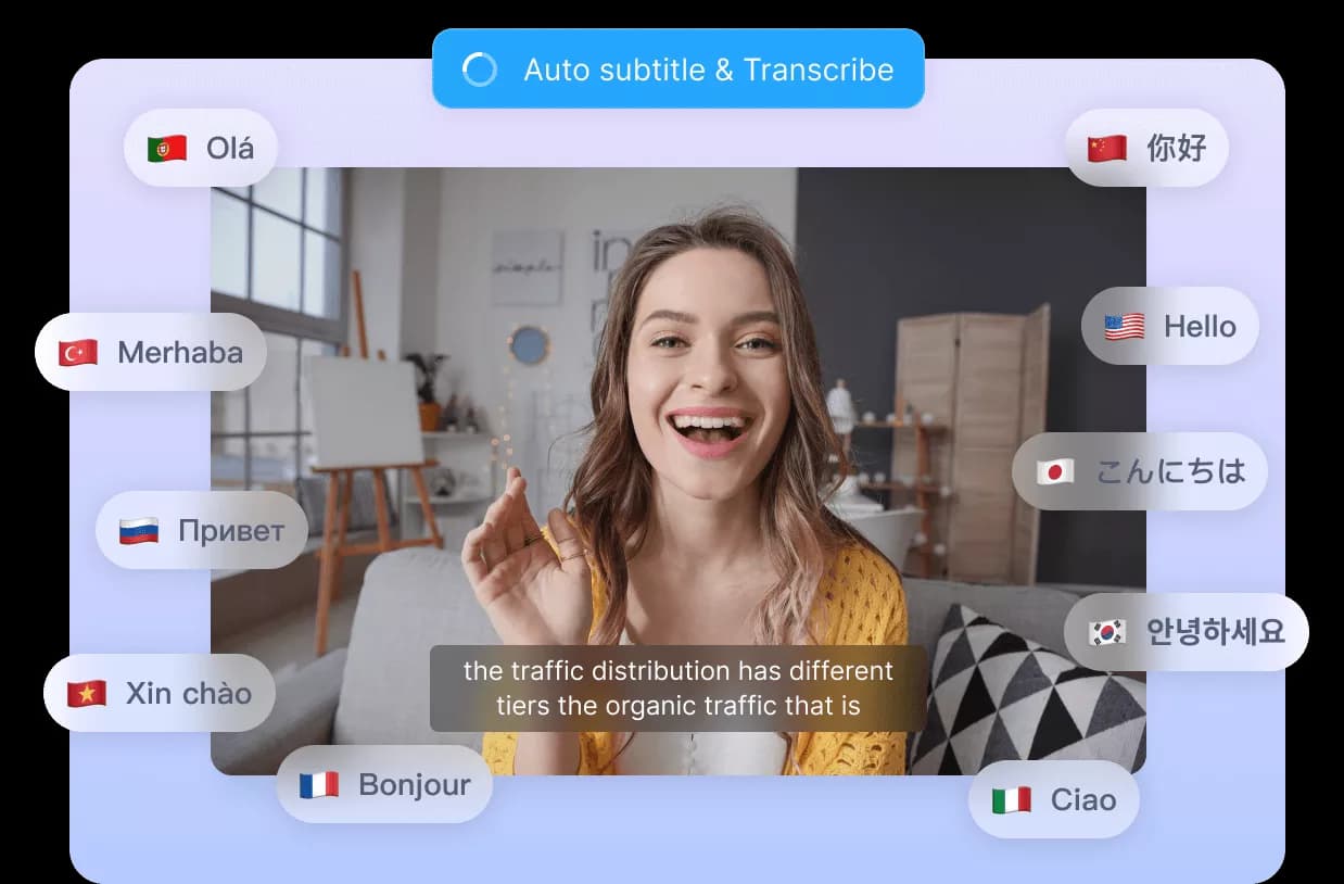 Auto subtitle and transcription preview with multilingual caption bubbles