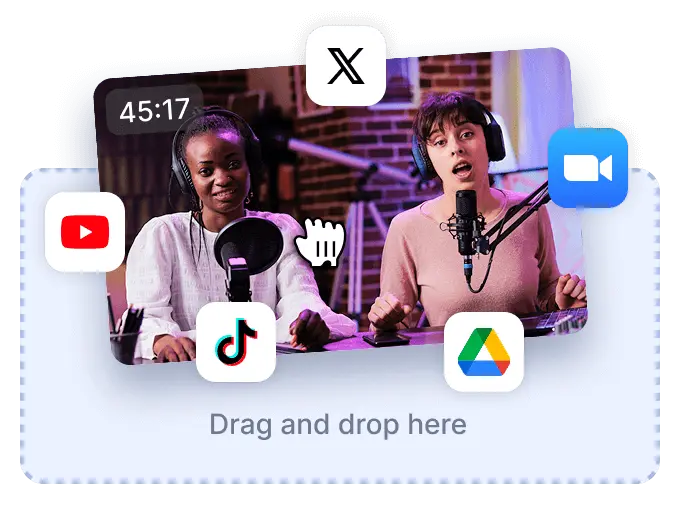 Drag and drop video upload area with social platform icons