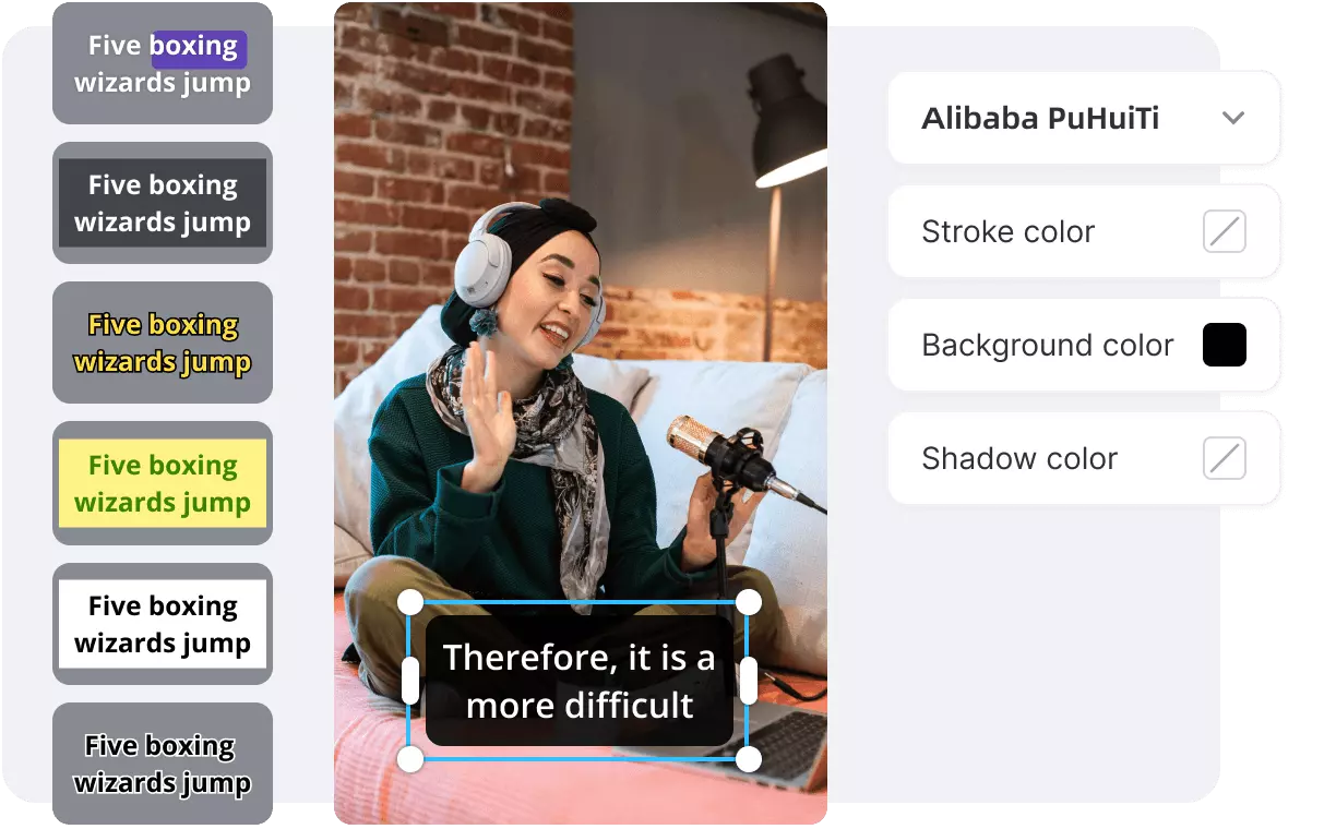 Subtitle editor preview showing caption styling controls