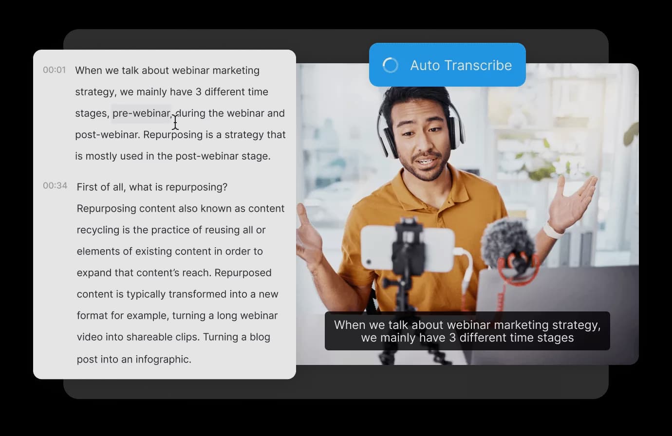 Video to text converter interface with transcript output