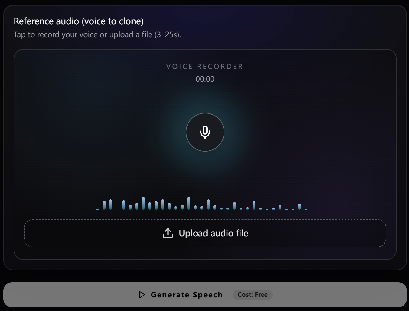 Voice cloning panel with reference audio upload