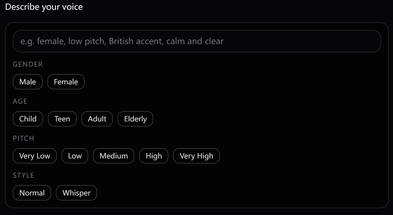Voice design panel with descriptive controls